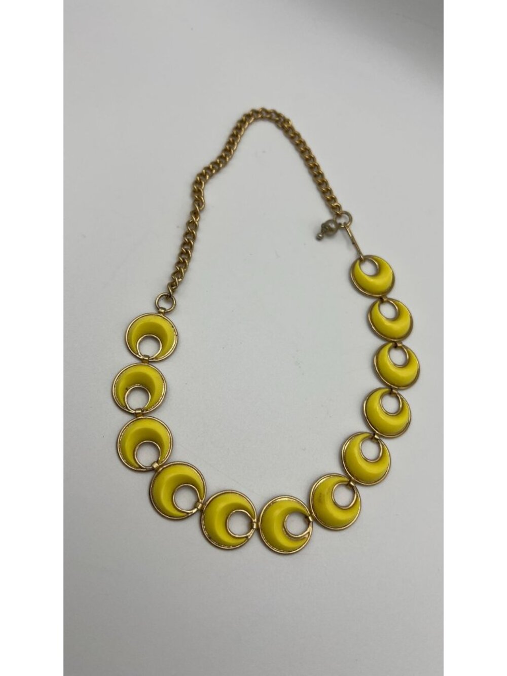 Vintage Yellow Crescent Moon Enamel Necklace With Gold-Tone Chain And Hook Clasp